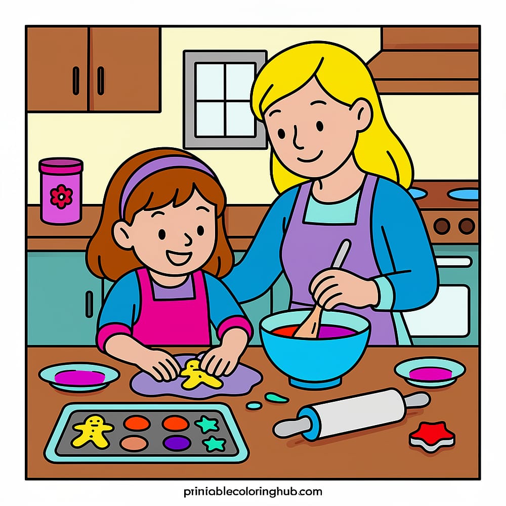 Mother Daughter Baking Fun Coloring Page colored version