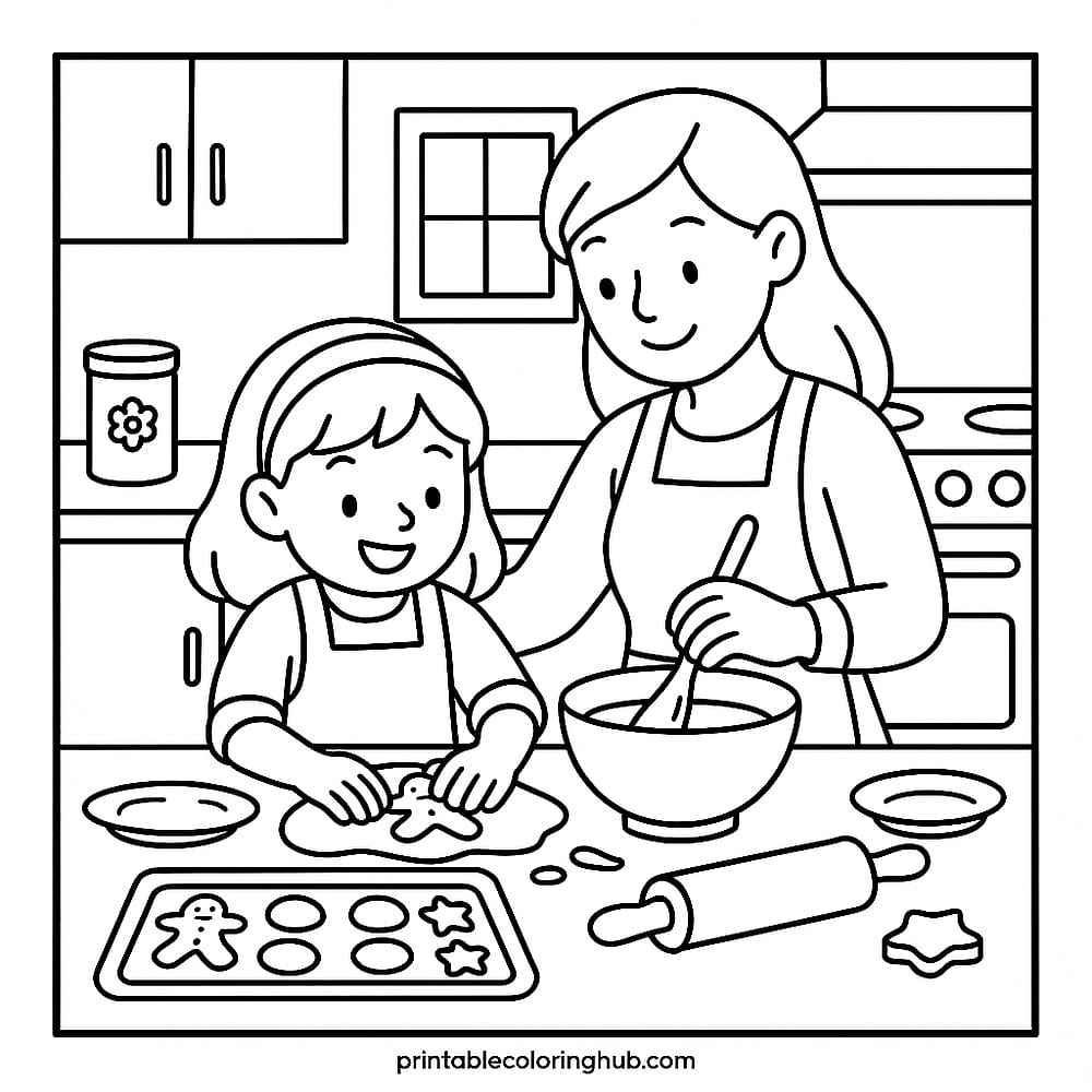 Mother Daughter Baking Fun Coloring Page coloring page