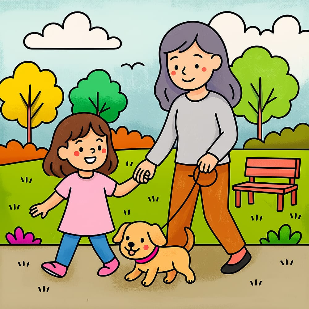 Mother Daughter Dog Park Walk Coloring Page colored version