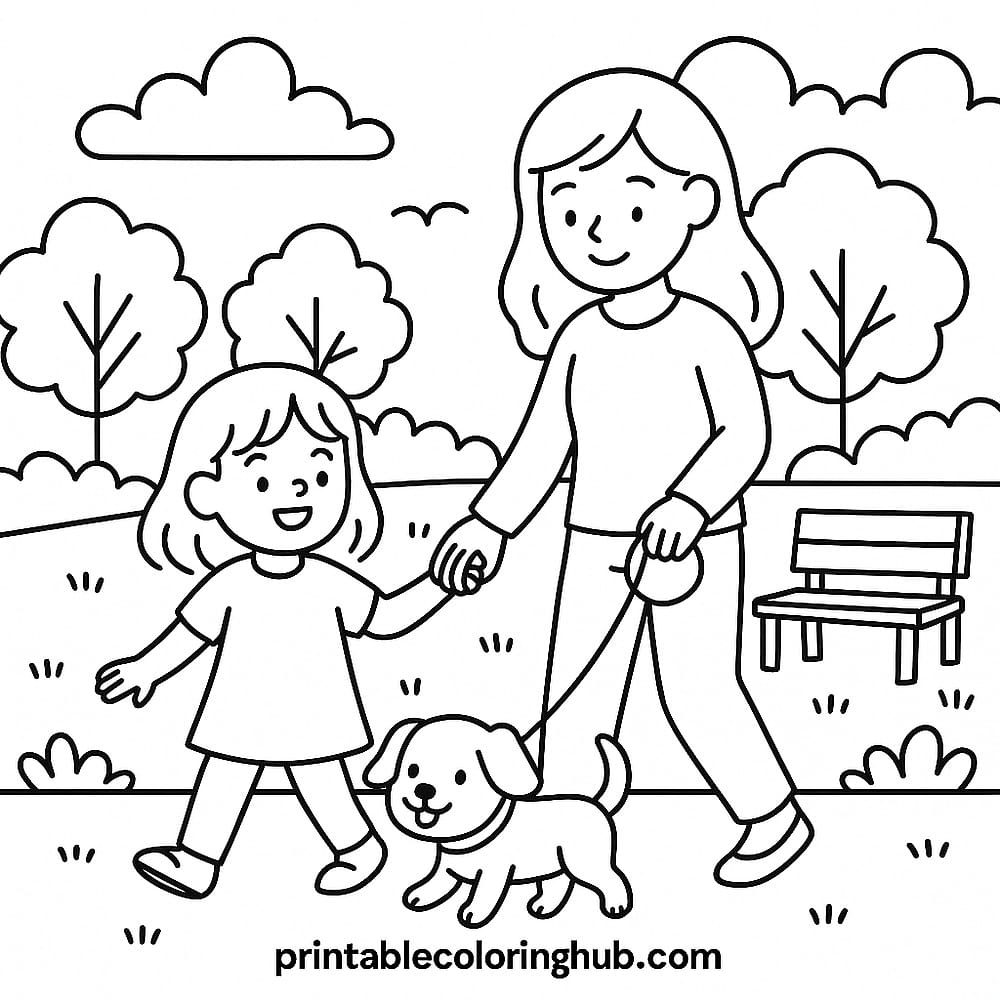 Mother Daughter Dog Park Walk Coloring Page coloring page