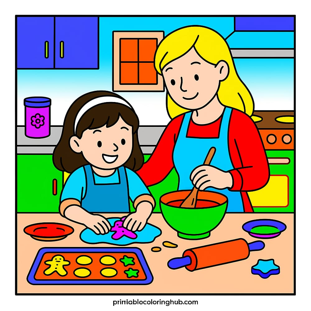 Mother Daughter Baking Cookies Together colored version