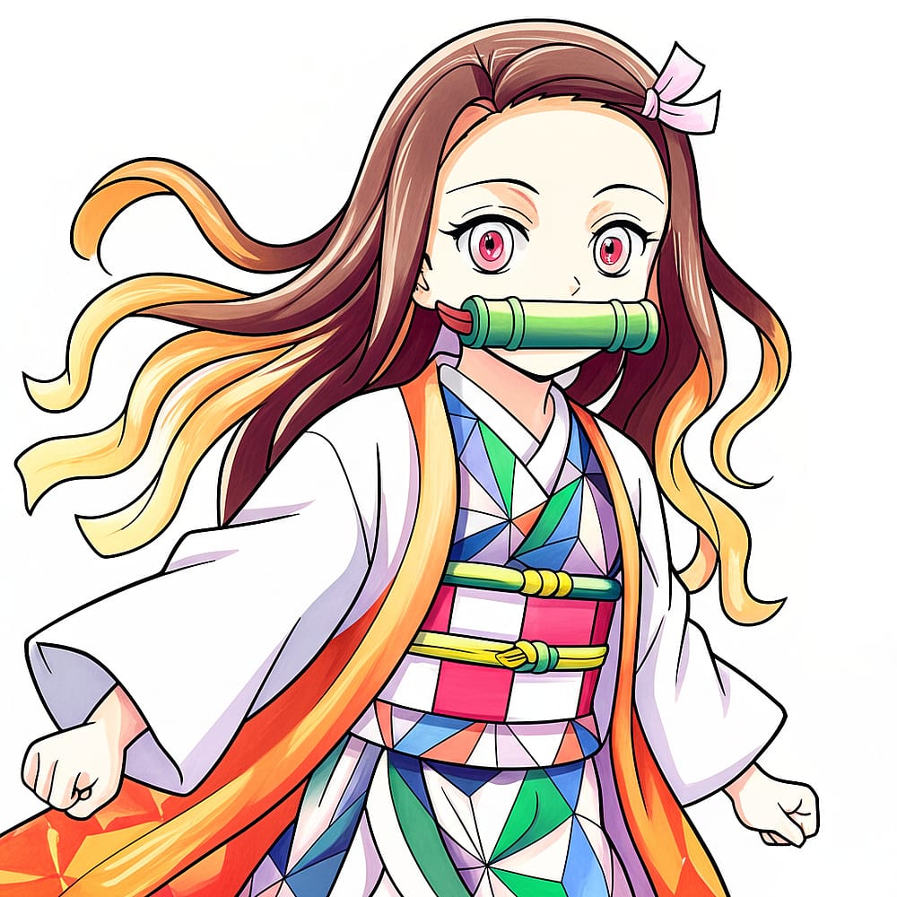 Nezuko Kamado Kimono Pose Coloring Page colored version