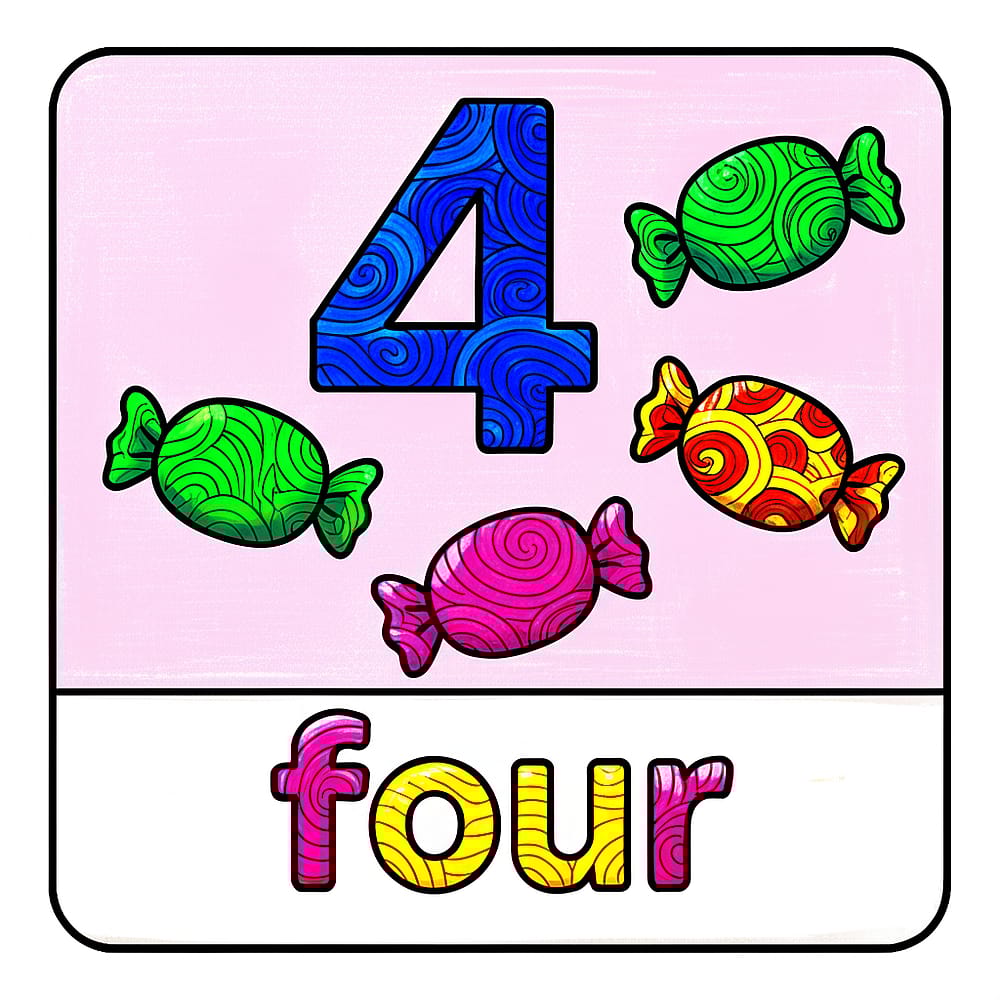 Number Four Candies Flashcard Coloring Page colored version