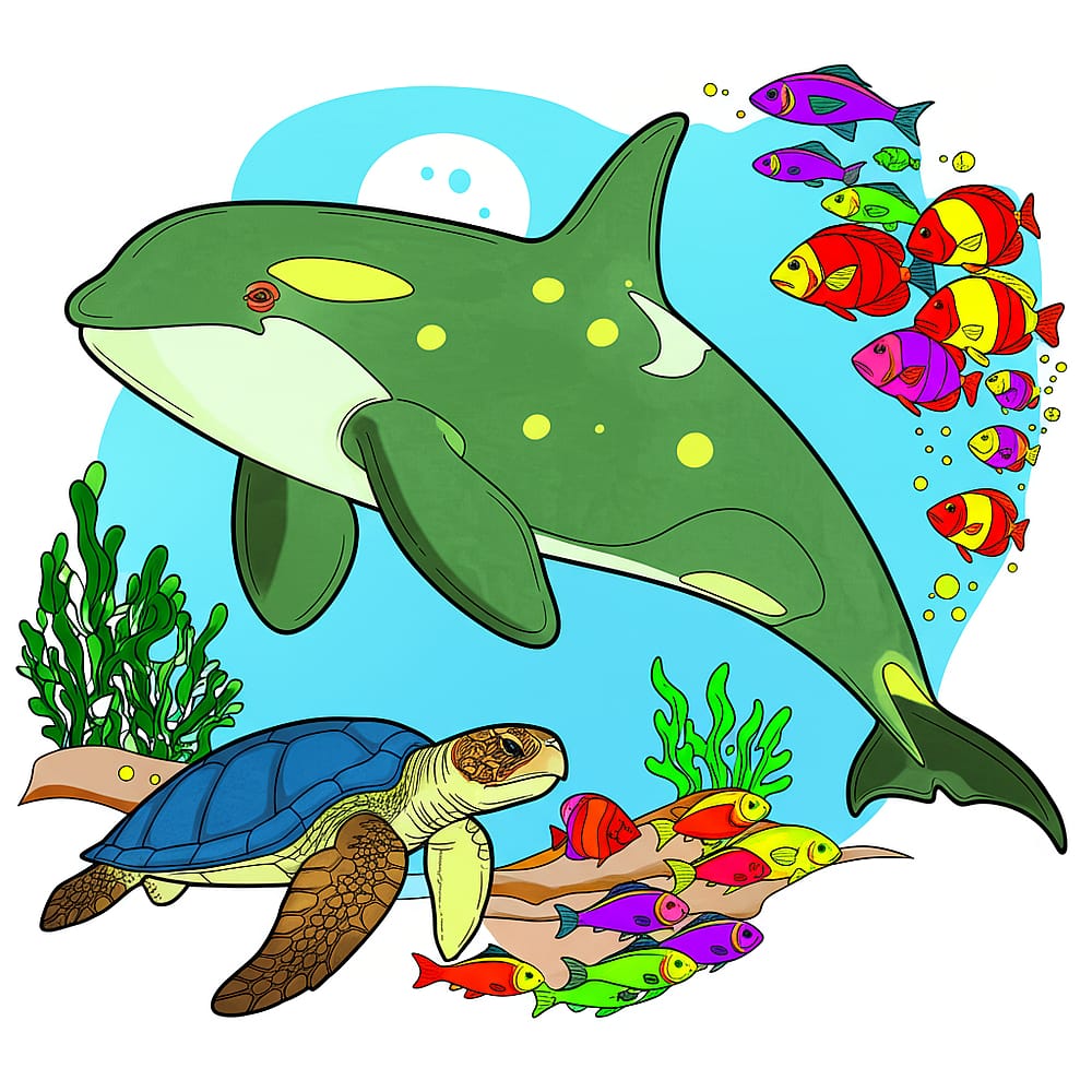Orca and Turtle Ocean Adventure Coloring Page colored version