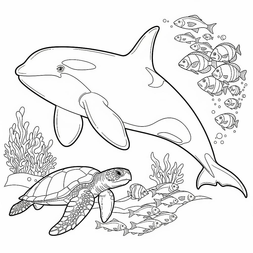 Orca and Turtle Ocean Adventure Coloring Page coloring page