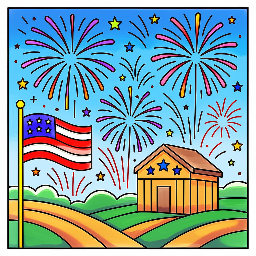 Patriotic Sky Explosions Coloring Page colored version