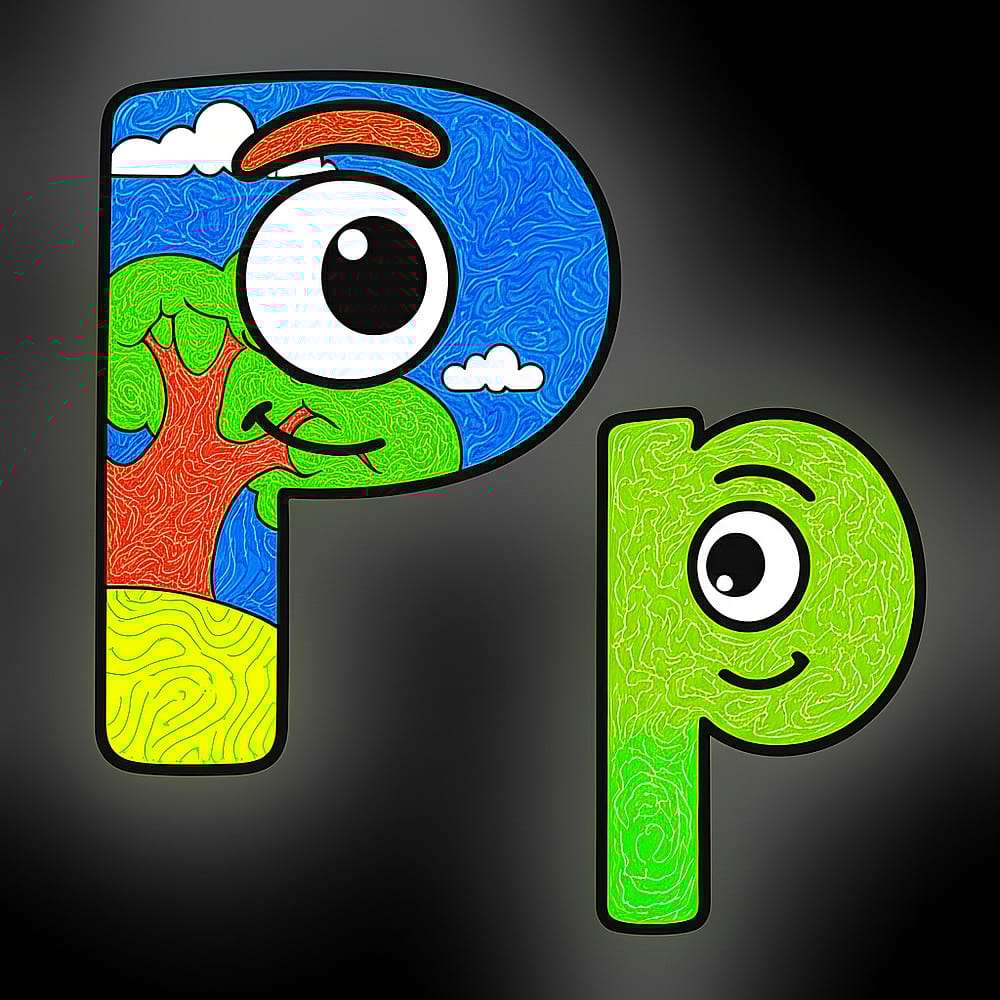 Playful Letter P Characters Coloring Page colored version