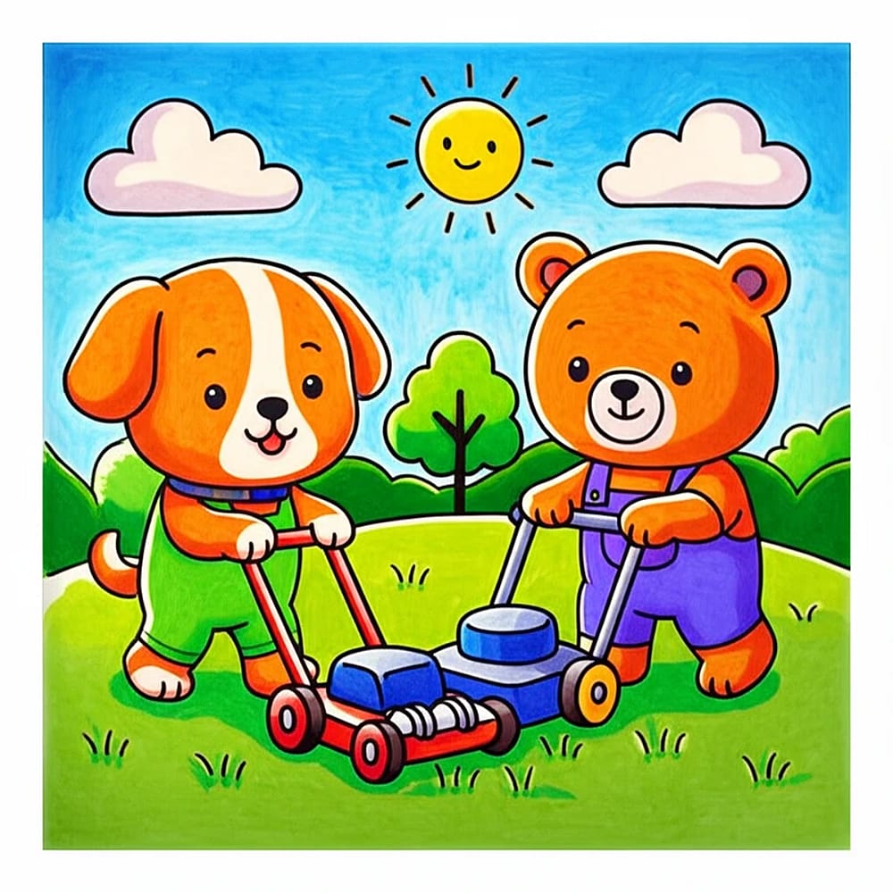 Puppy and Bear's Sunny Mowing Day Coloring Page colored version