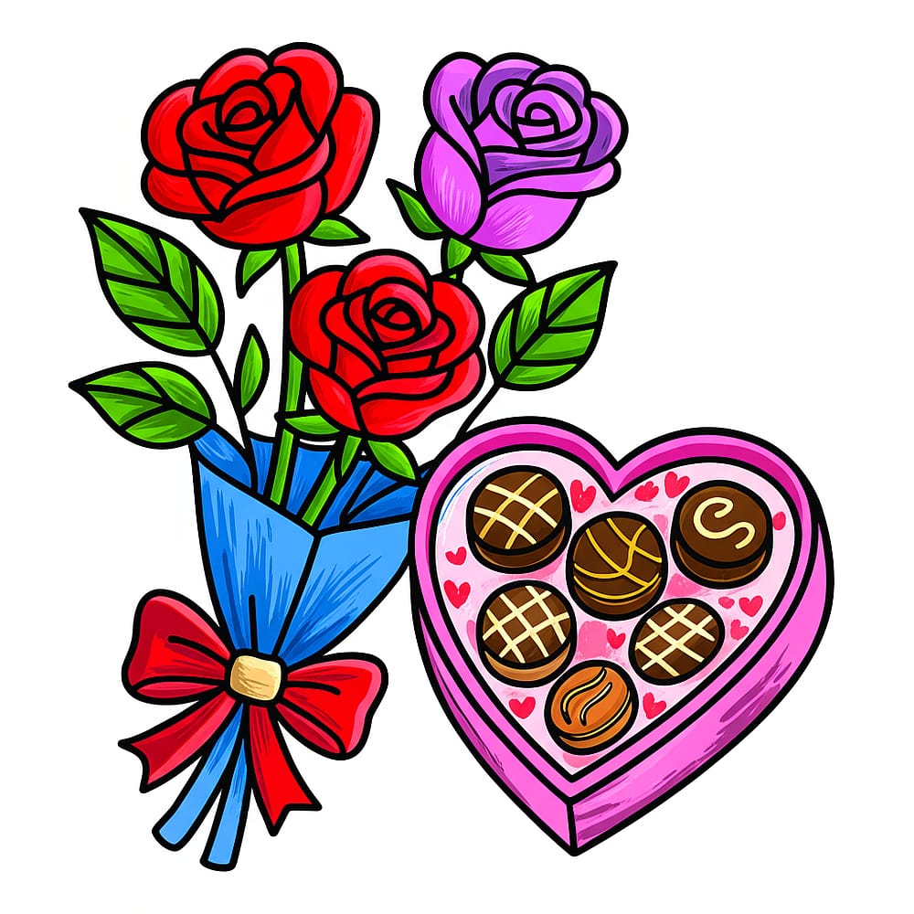Romantic Roses and Chocolates Coloring Page colored version