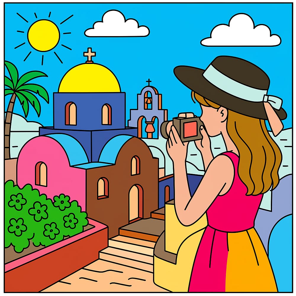 Santorini Snapshot Serenity Coloring Page colored version