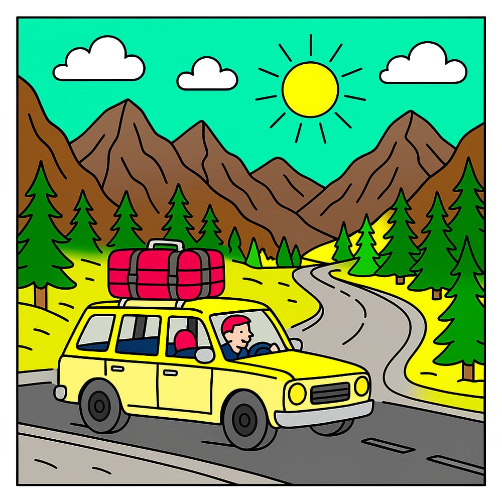 Scenic Mountain Road Trip Coloring Page colored version
