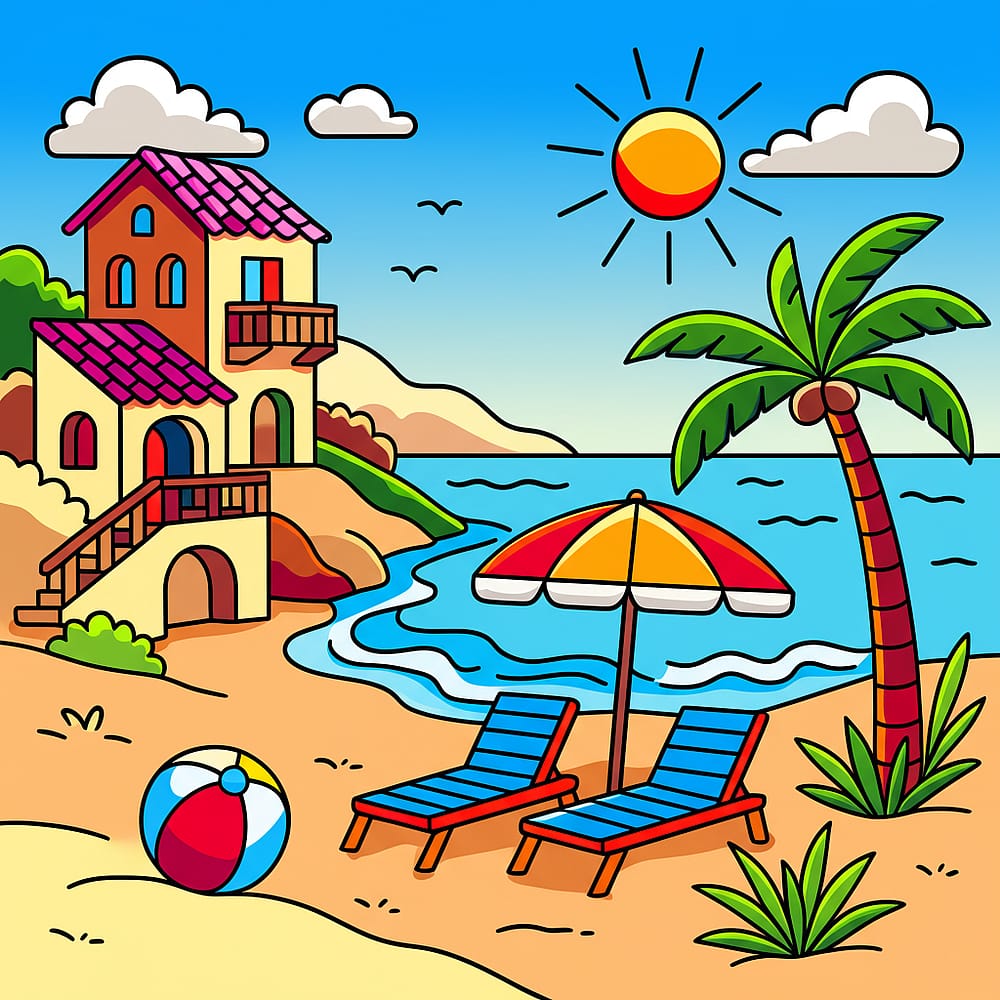 Sunny Beach Getaway Coloring Page colored version