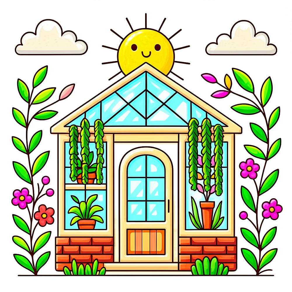 Sunny Greenhouse Garden Coloring Page colored version
