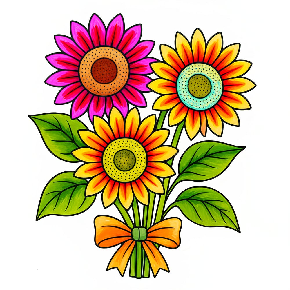 Sunny Sunflower Bouquet Coloring Page colored version