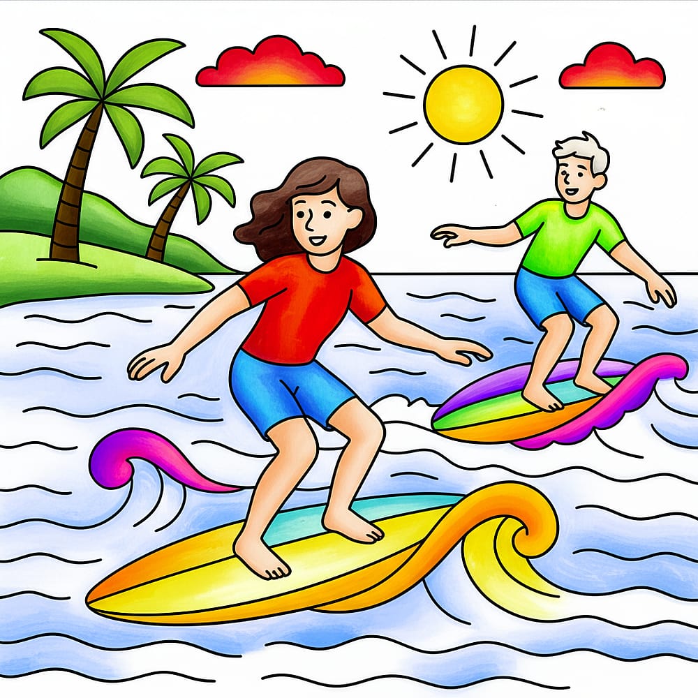 Sunny Surf Day Adventure Coloring Page colored version