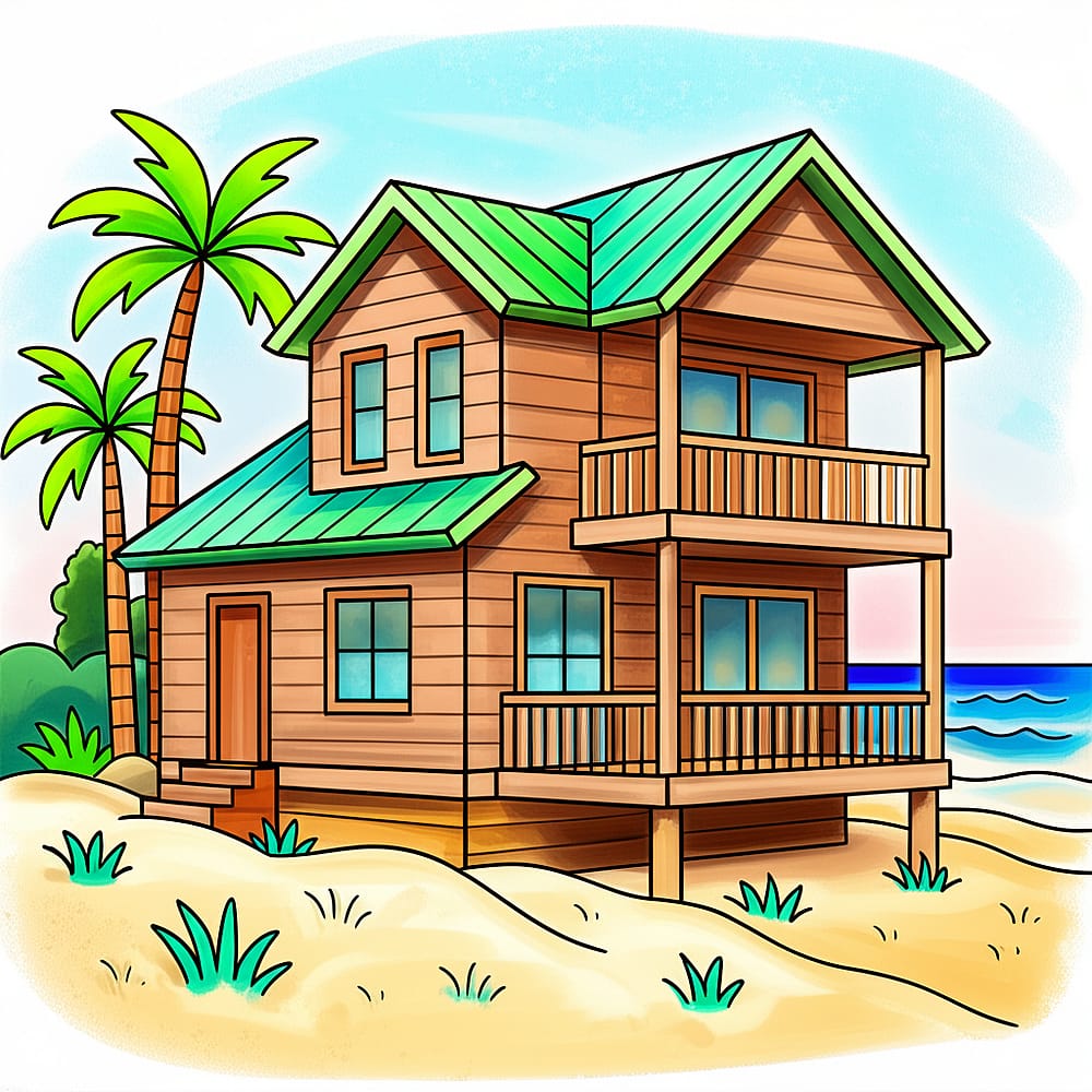 Tropical Beach House Getaway Coloring Page colored version