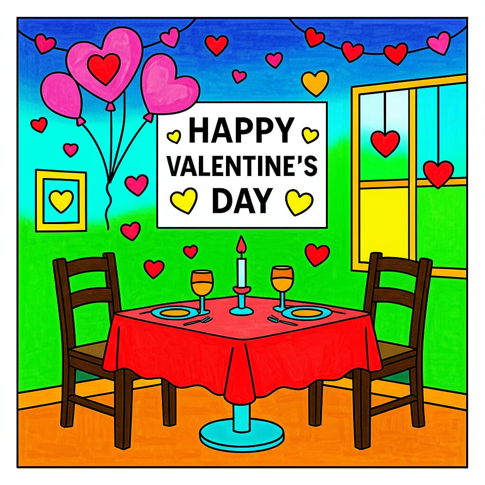 Romantic Valentine's Dinner Date Coloring Page colored version