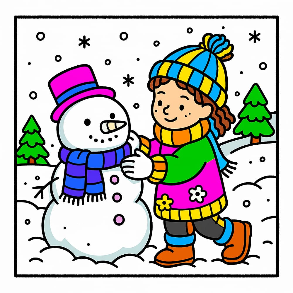 Winter Fun Snowman Friend Coloring Page colored version
