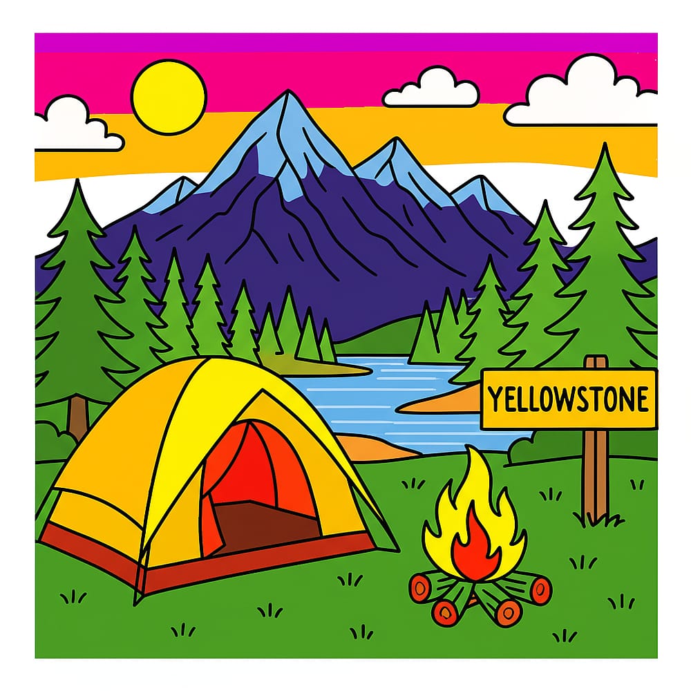 Yellowstone Camping Scene Coloring Page colored version