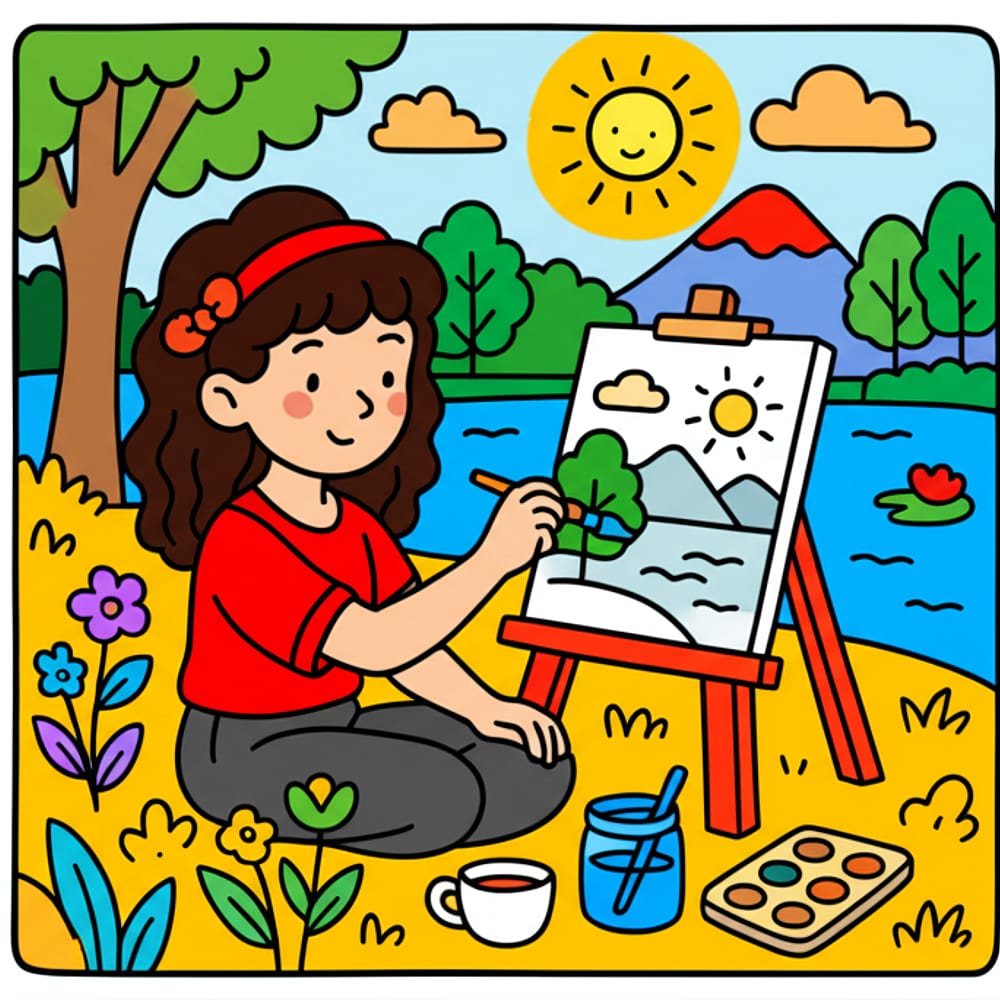 Young Artist Paints Landscape Coloring Page colored version