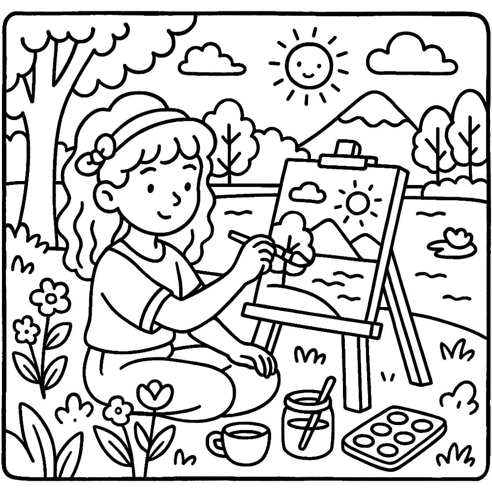 Young Artist Paints Landscape Coloring Page coloring page