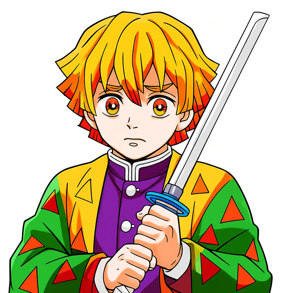Zenitsu Agatsuma Sword Pose Coloring Page colored version