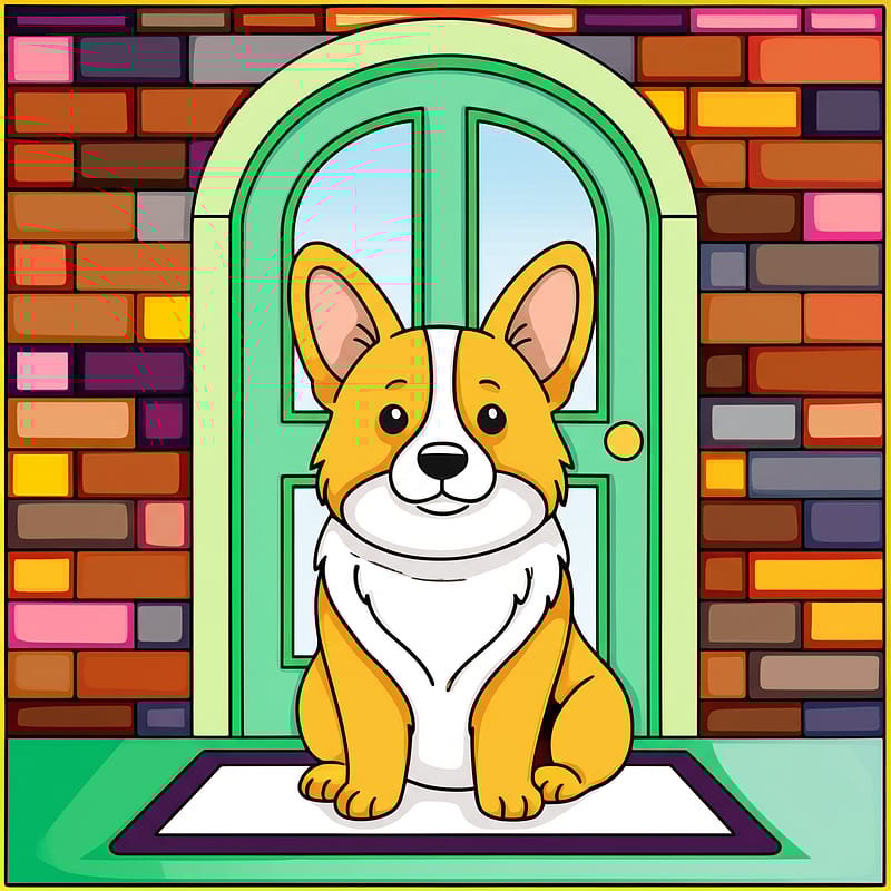 Adorable Corgi at the Door Coloring Page colored reference
