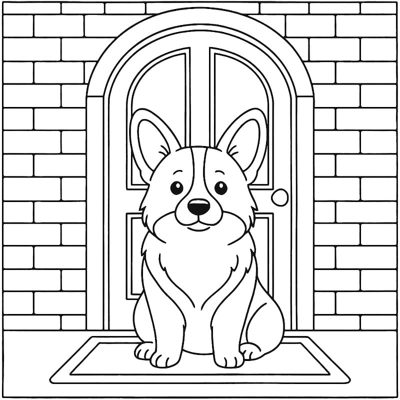 Adorable Corgi at the Door Coloring Page coloring page