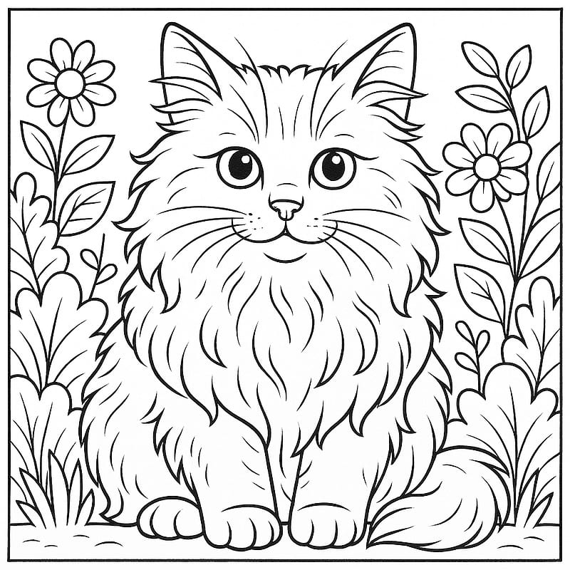 Adorable Fluffy Cat in Flower Garden Coloring Page coloring page
