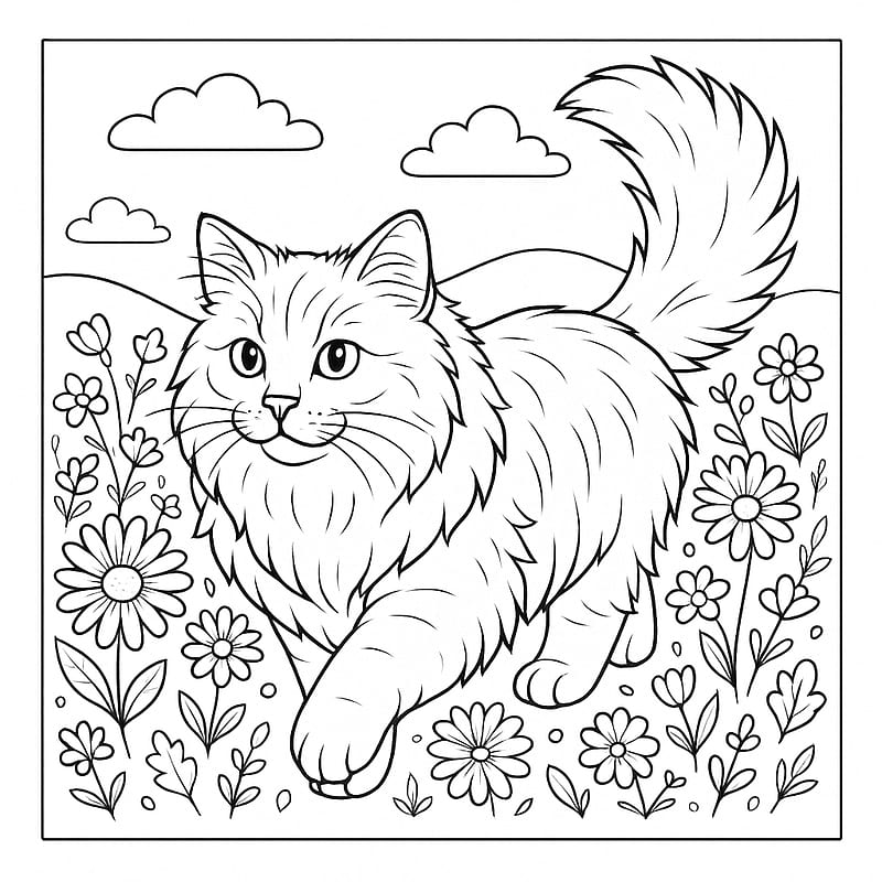 Adorable Fluffy Cat in Flower Meadow Coloring Page coloring page