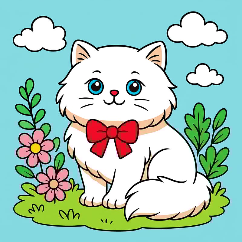 Adorable Fluffy Cat in Garden Coloring Page colored reference
