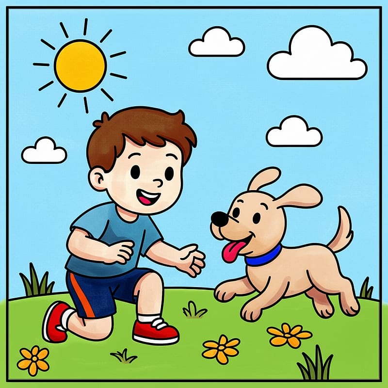 Boy Playing with Puppy Coloring Page colored reference