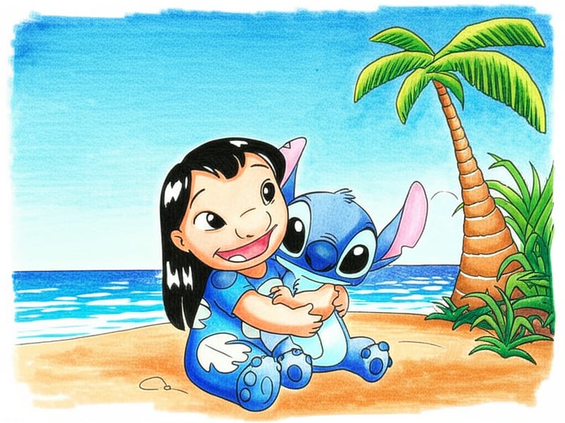 Charming Lilo and Stitch Hug Coloring Page colored reference