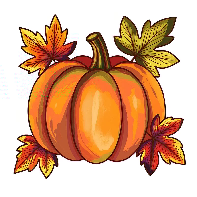 Classic Pumpkin with Leaves Coloring Page colored reference