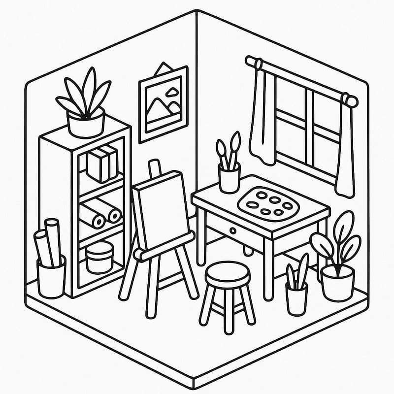 Cozy Artist's Studio Isometric Coloring Page coloring page
