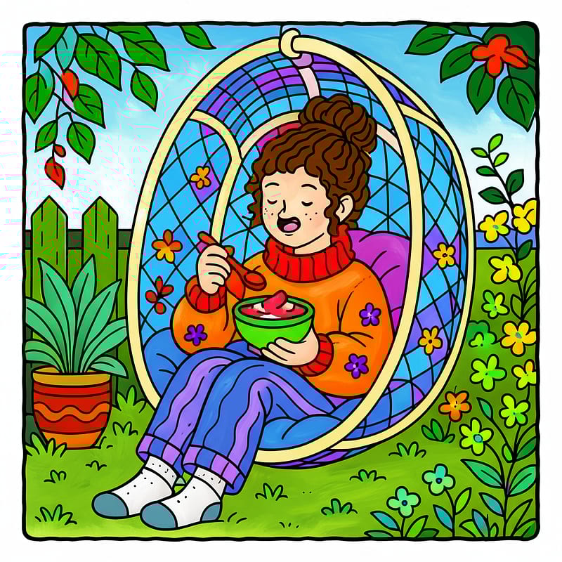 Cozy Garden Retreat Coloring Page colored reference
