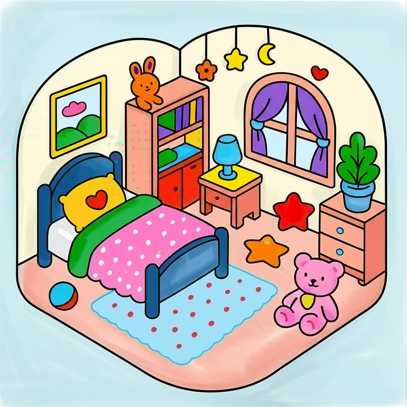 Cozy Kids Bedroom Isometric Coloring Page colored reference