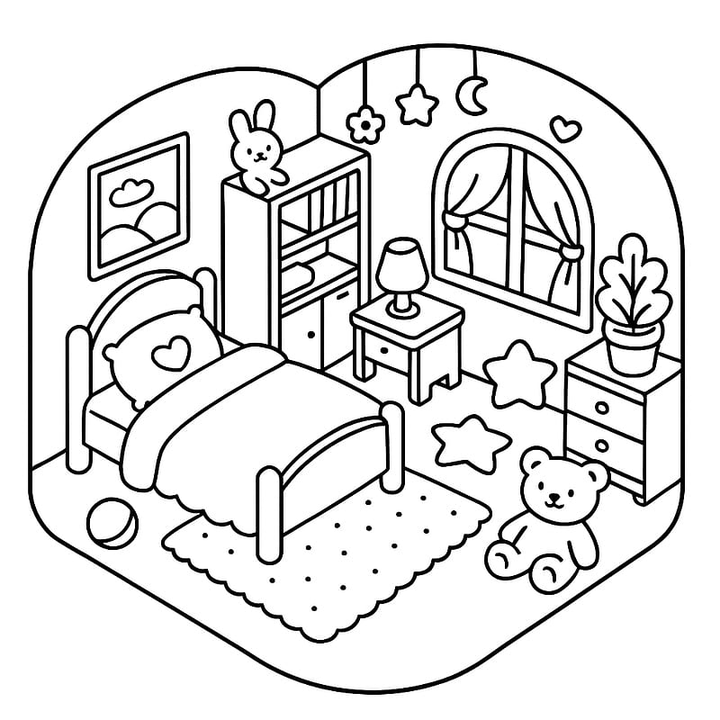 Cozy Kids Bedroom Isometric Coloring Page coloring page
