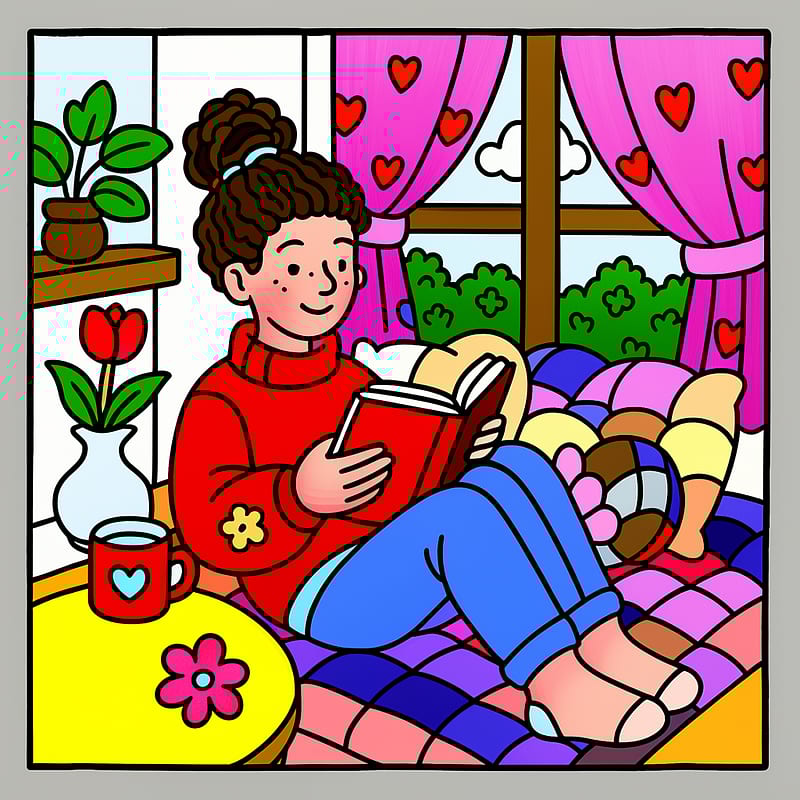 Cozy Reading Nook Bliss Coloring Page colored reference