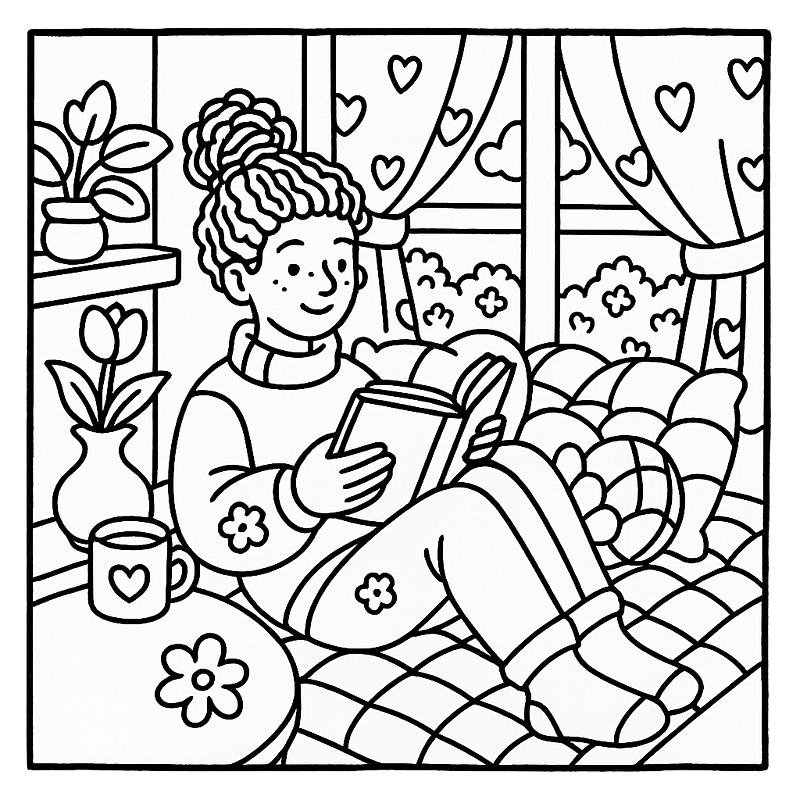 Cozy Reading Nook Bliss Coloring Page coloring page