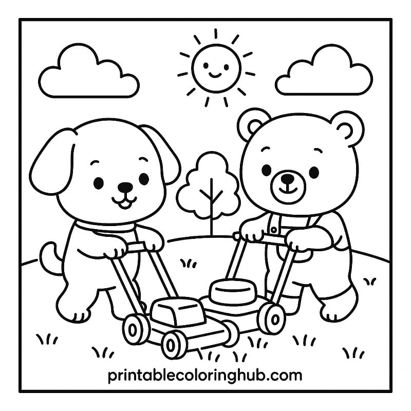 Cute Dog and Bear Mowing Lawn Coloring Page coloring page