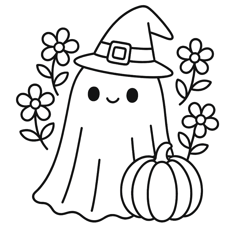 Cute Ghost Witch with Pumpkin Coloring Page coloring page