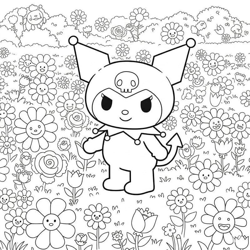 Cute Kuromi in a Flower Garden Coloring Page coloring page
