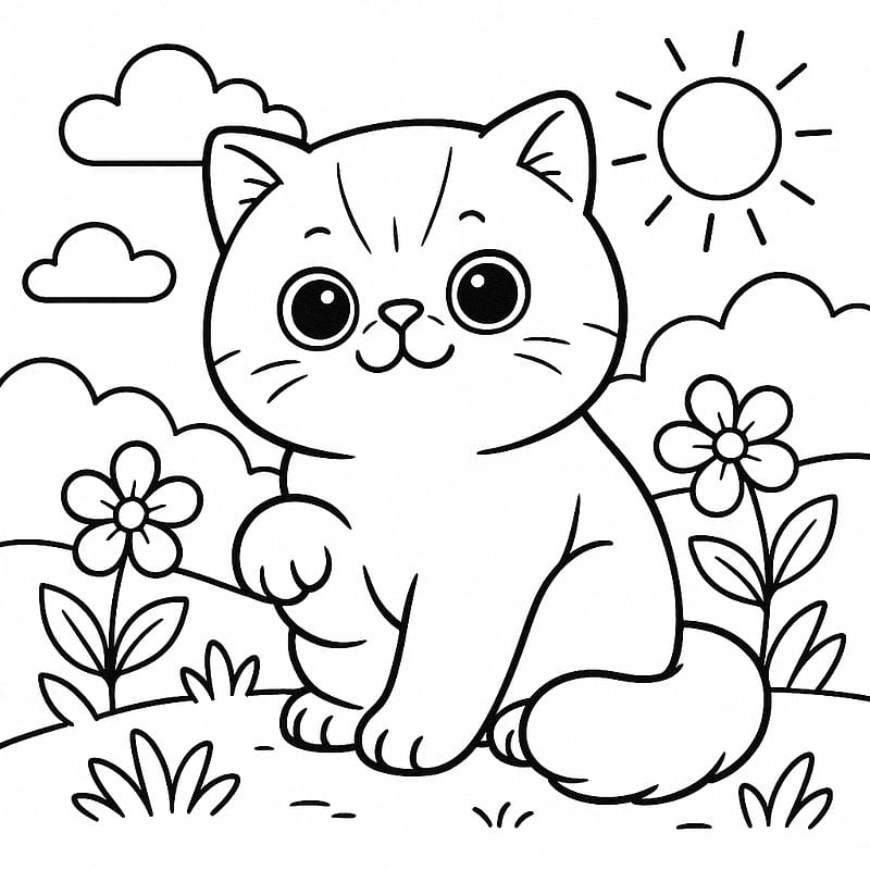 Cute Kitten in Sunny Meadow Coloring Page coloring page