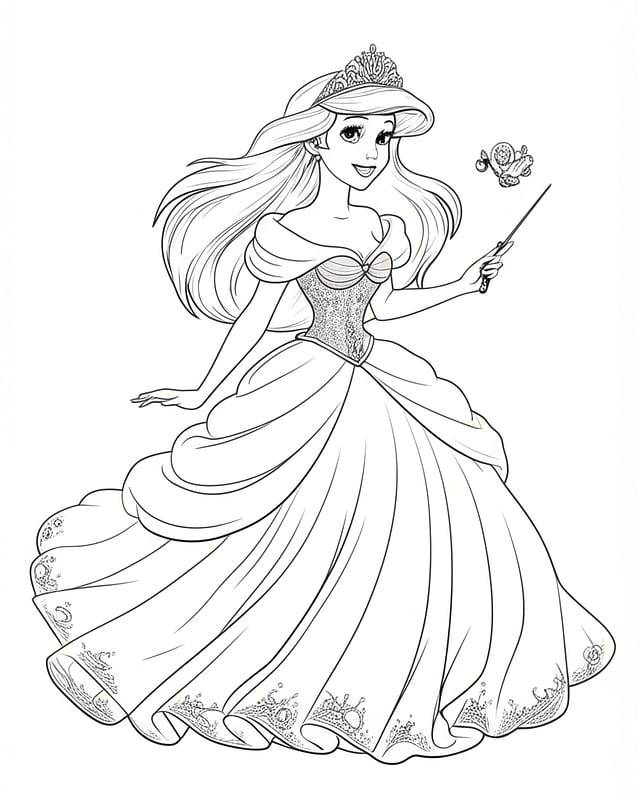 Enchanting Princess with Magic Wand Coloring Page coloring page