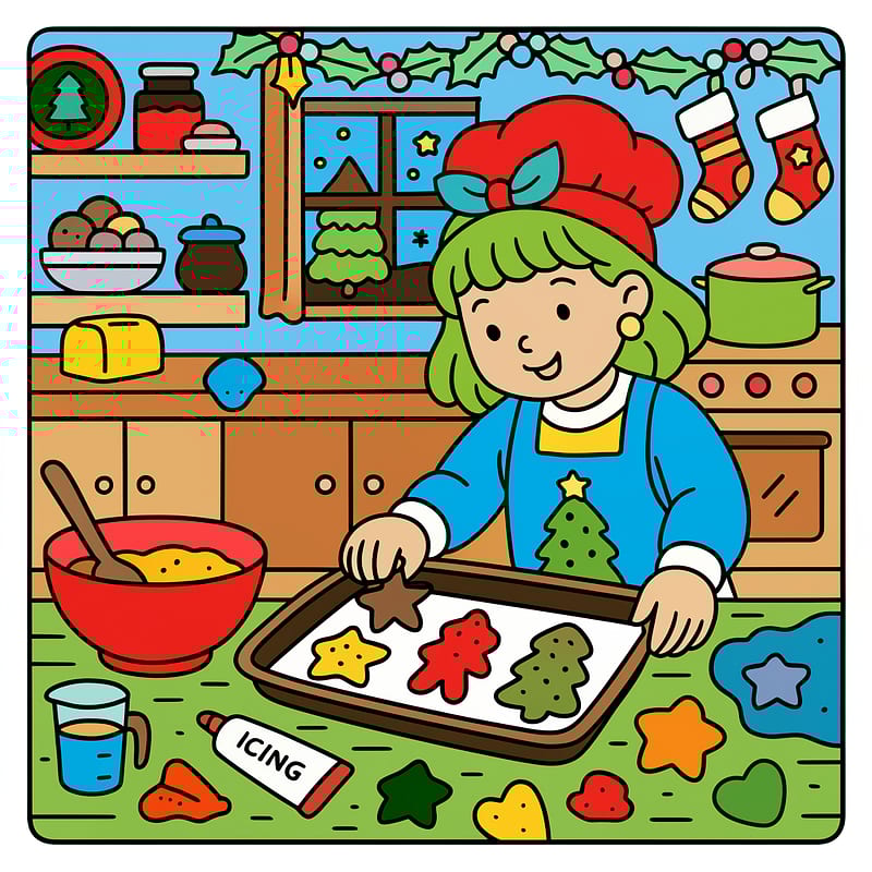 Festive Christmas Cookie Baking Coloring Page colored reference