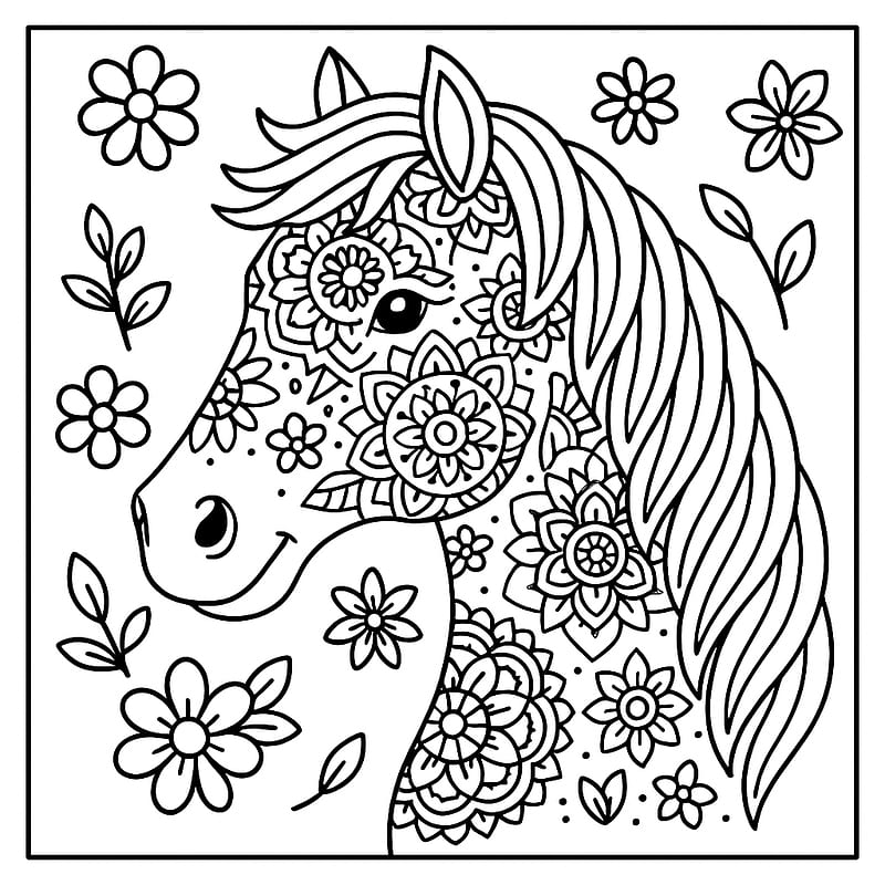 Enchanting Floral Horse Mandala Coloring Page coloring page