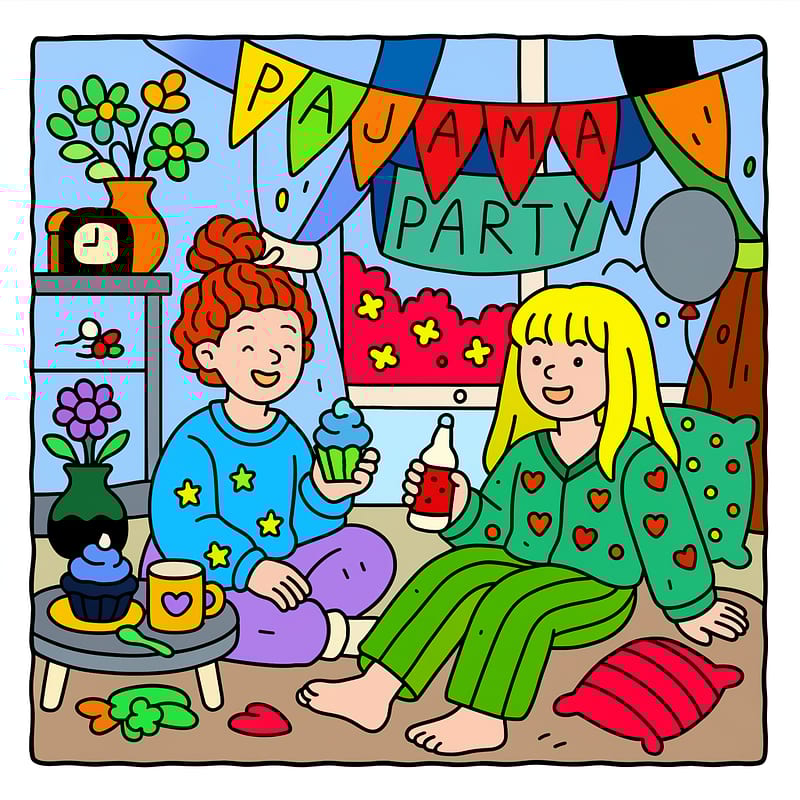 Fun Pajama Party Coloring Page colored reference