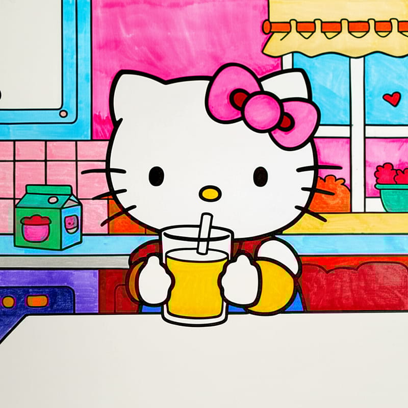 Hello Kitty Enjoying a Drink Coloring Page colored reference