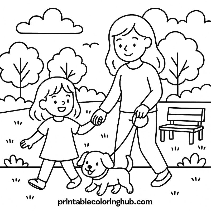 Joyful Family Park Walk Coloring Page coloring page
